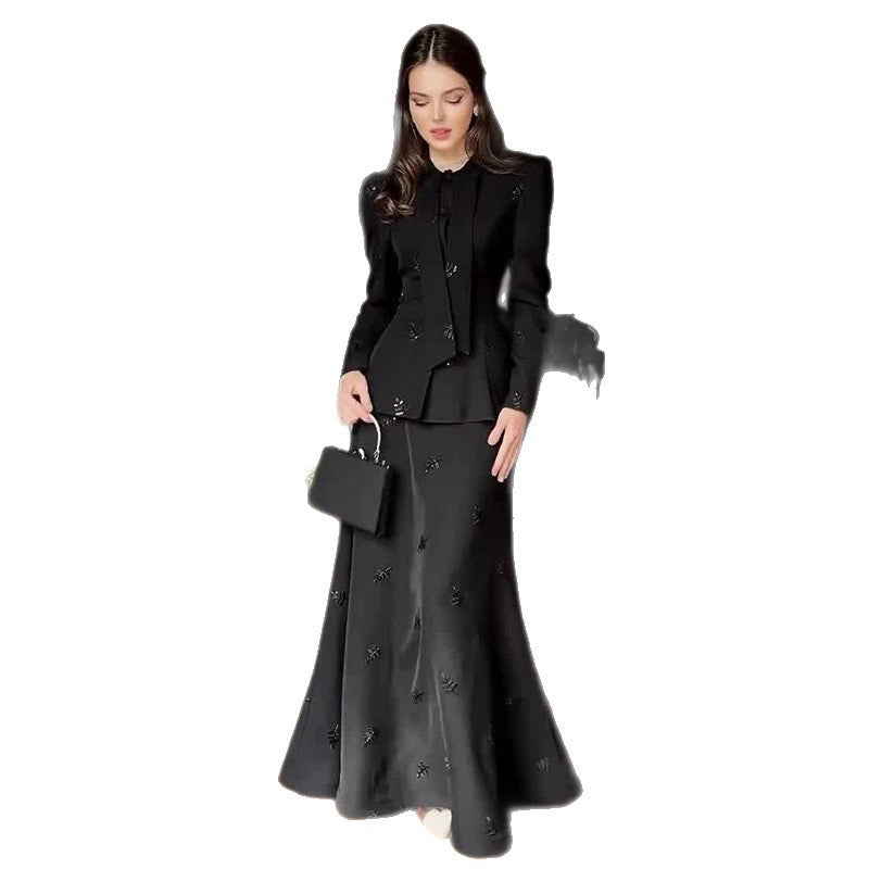 Womens Black Chic Figure-flattering Long-sleeve Suit