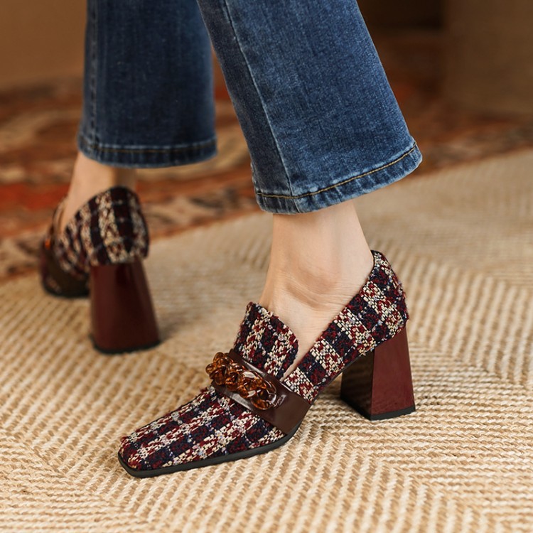Women's Retro Square Toe Plaid High Heels