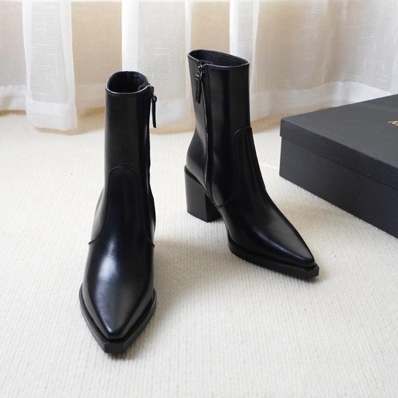 Autumn And Winter Genuine Leather Chunky Heel Martin Boots Ankle Boots