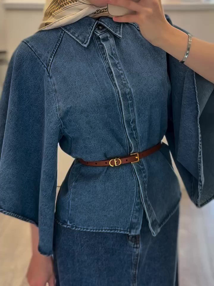 Elegant Denim Work Outfit Set for Women – Cape Top, Maxi Skirt & Leather Bag