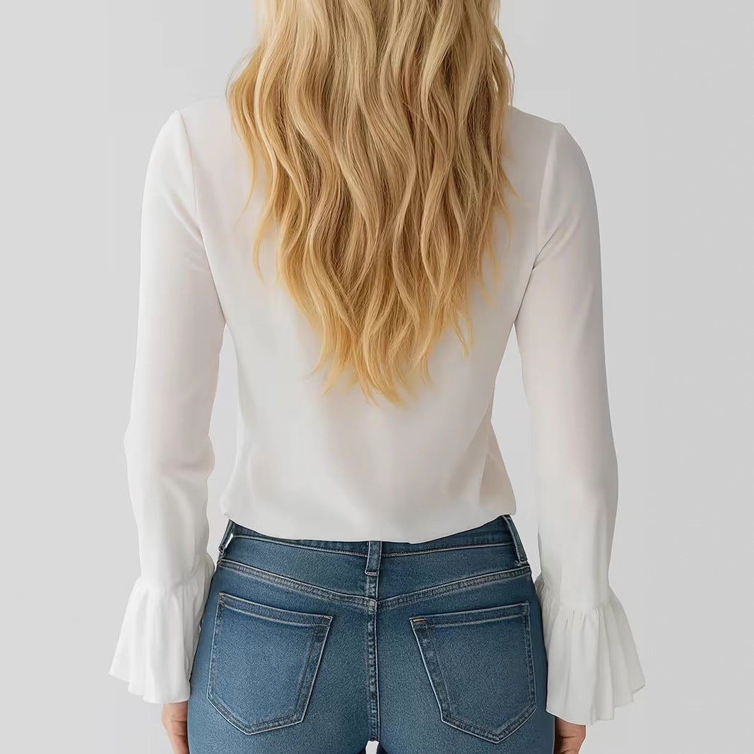 French-Elegant Solid-Color V-Neck Ruffle Blouse With Puff Sleeves