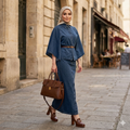 Elegant Denim Work Outfit Set for Women – Cape Top, Maxi Skirt & Leather Bag
