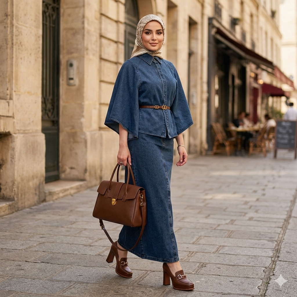 Elegant Denim Work Outfit Set for Women – Cape Top, Maxi Skirt & Leather Bag