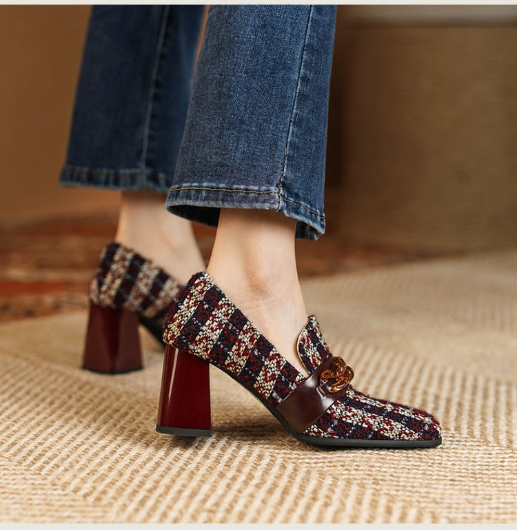Women's Retro Square Toe Plaid High Heels