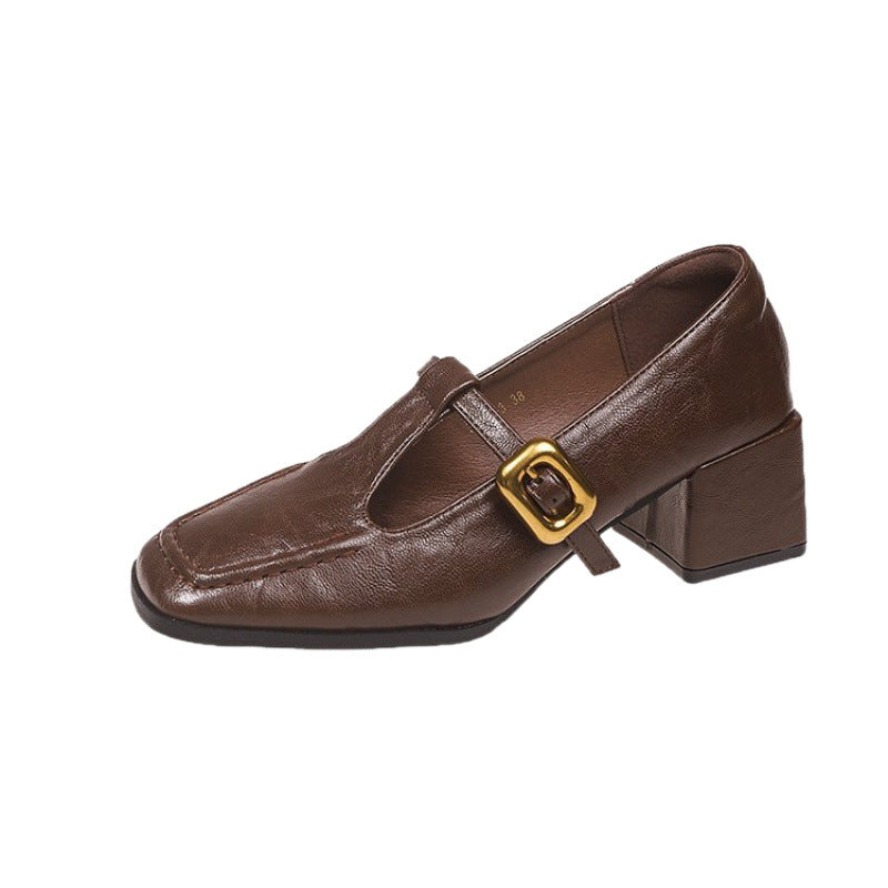 Retro Brown Designer Niche Mid-heel Chunky-heel Women's Shoes