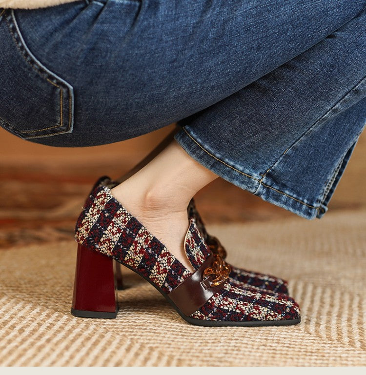 Women's Retro Square Toe Plaid High Heels