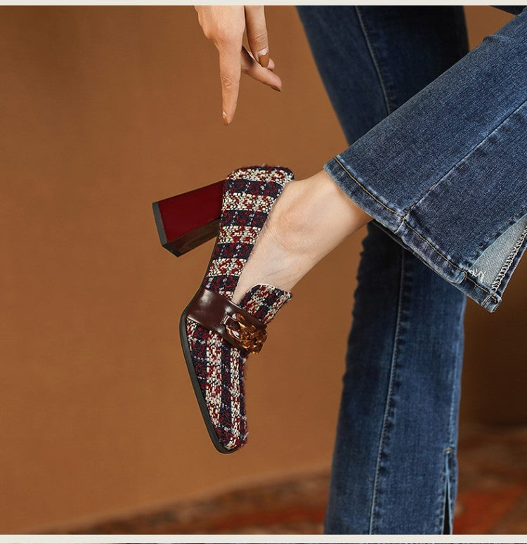 Women's Retro Square Toe Plaid High Heels