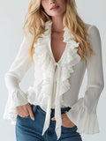 French-Elegant Solid-Color V-Neck Ruffle Blouse With Puff Sleeves