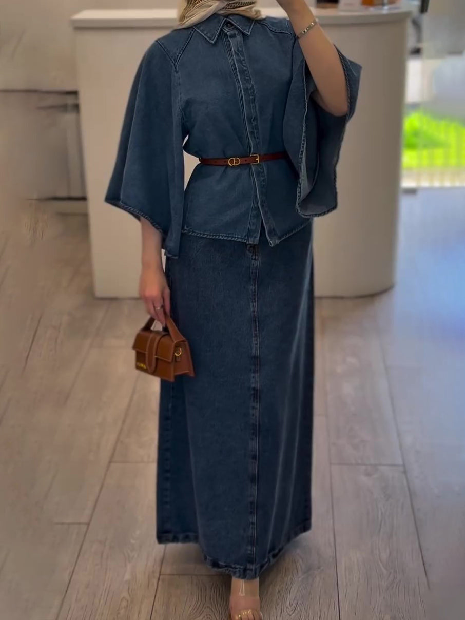 Elegant Denim Work Outfit Set for Women – Cape Top, Maxi Skirt & Leather Bag