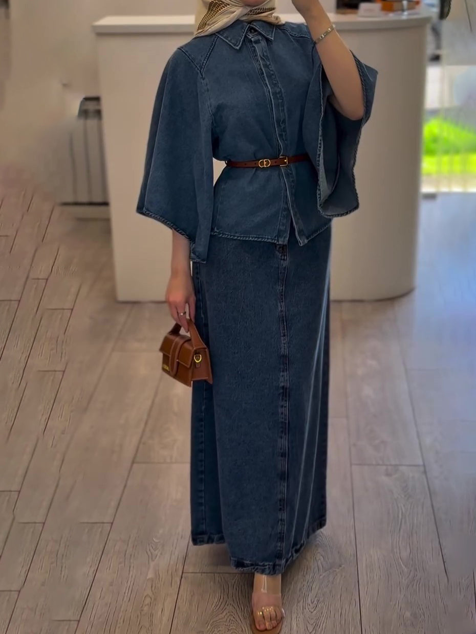 Elegant Denim Work Outfit Set for Women – Cape Top, Maxi Skirt & Leather Bag