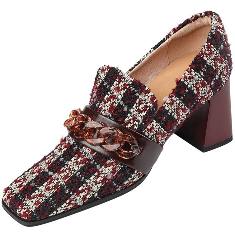 Women's Retro Square Toe Plaid High Heels